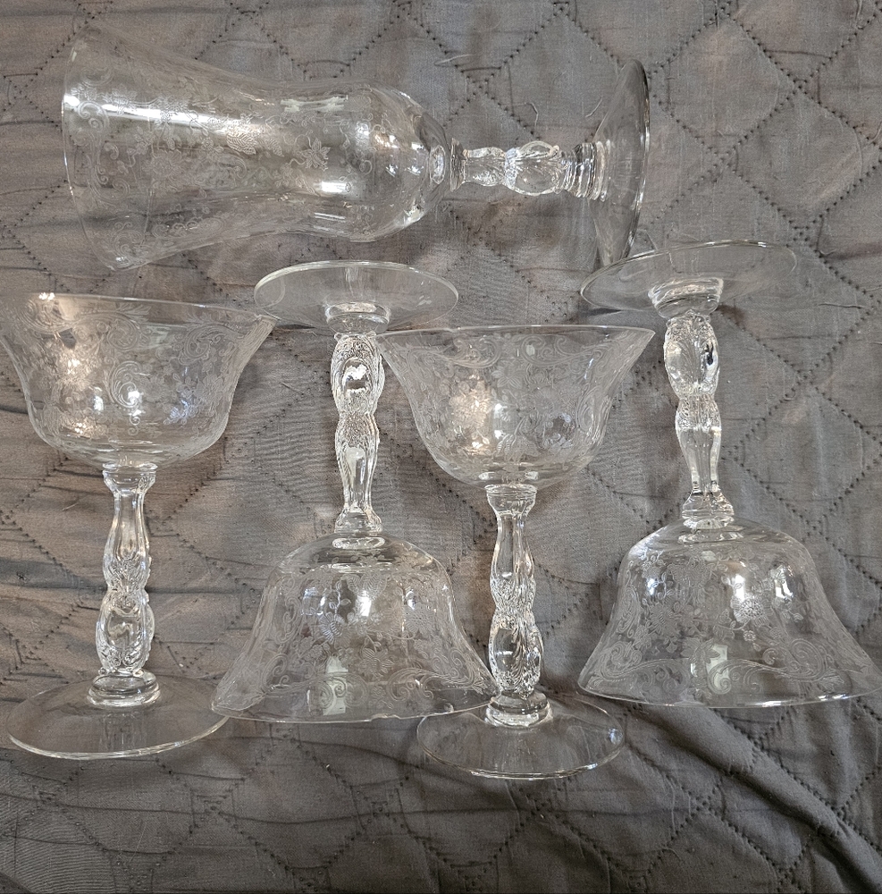 5 Cambridge Glass Chantilly Etched Stemware 4 Matching, 1 Tall - All Chipped